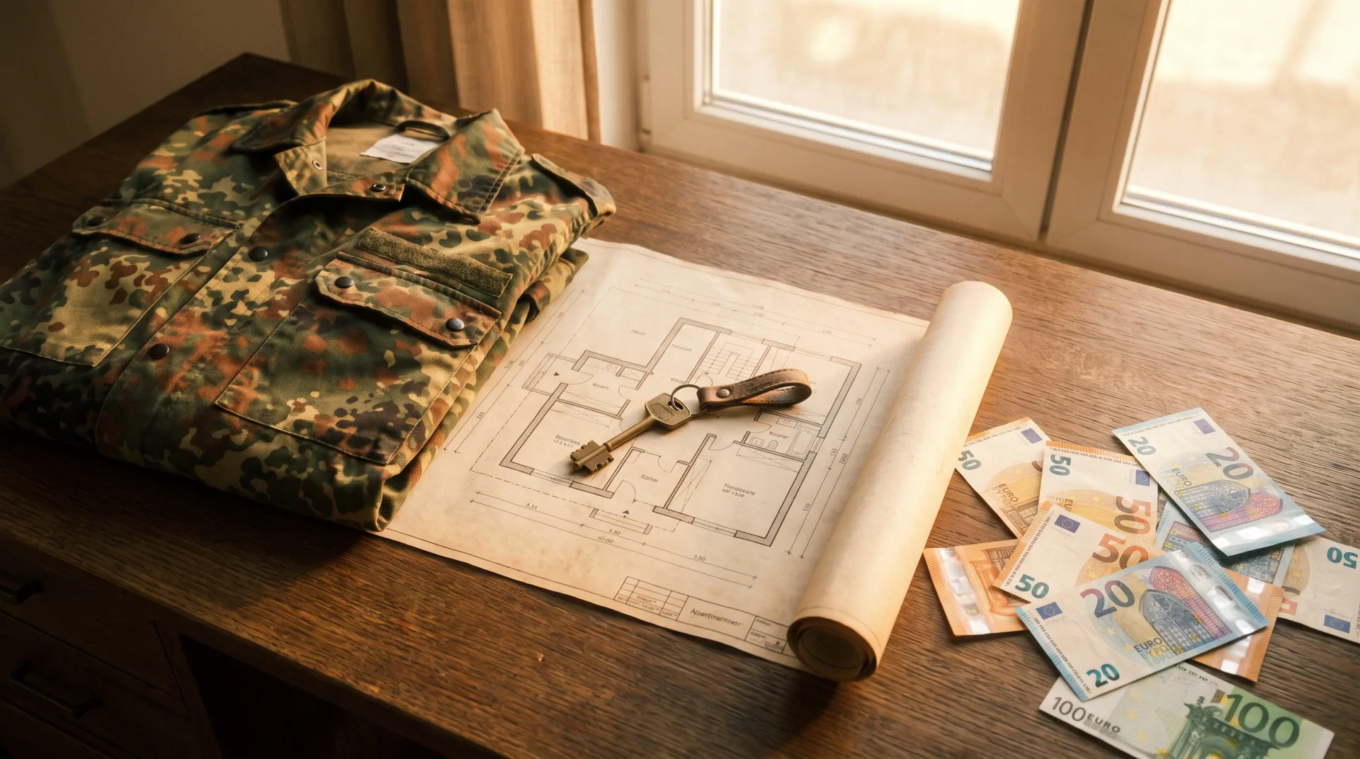 Symbolbild: Flecktarn-Feldjacke, Grundriss, Wohnungsschl&uuml;ssel und Bargeld auf Holztisch, die Bausteine des Verm&ouml;gensaufbaus f&uuml;r Soldaten