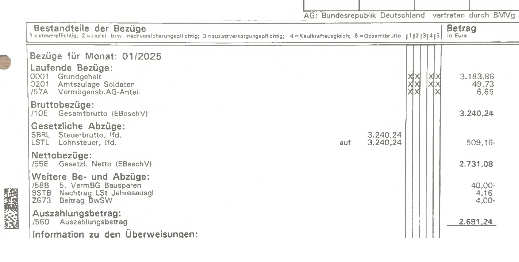 Bez&uuml;gemitteilung Vorher: Bruttobez&uuml;ge 3.240,24 &euro;, Lohnsteuer 509,16 &euro;, Auszahlungsbetrag 2.691,24 &euro;