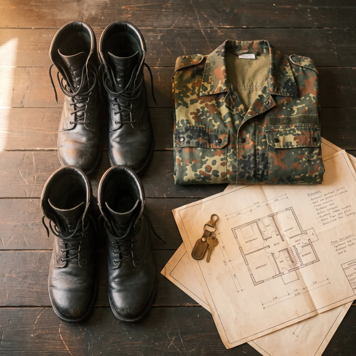 Symbolbild. Stiefel, Feldjacke und Grundriss stellvertretend f&uuml;r Philipp Meyer, ehemaliger Zeitsoldat SAZ 12
